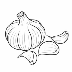 sketch, garlic and its individual cloves, coloring, isolated object on a white background, cartoon illustration, vector,