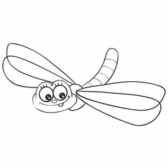 sketch, cute dragonfly character with big eyes, coloring book, isolated object on white background, cartoon illustration, vector,