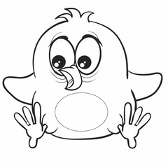 sketch, cute chicken character, chick with big eyes, coloring book, isolated object on white background, cartoon illustration, vector,