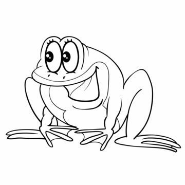 sketch, cute frog character with big eyes, coloring book, isolated object on white background, cartoon illustration, vector,
