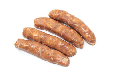 Fresh sausages on a white background.