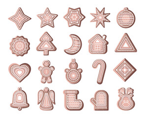 Collection of Christmas gingerbread of different shapes. Sugar cookies in the shape of New Year's figures.