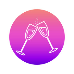 Two glasses of sparkling drink with a white outline in a gradient circle. Festive linear glasses clink loudly, splashing champagne. Vector.