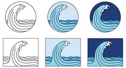 Ocean Wave Icon Clipart Set - Outline and Color