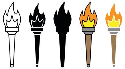 Lit Torch Clipart Set - Outline, Silhouette and Color