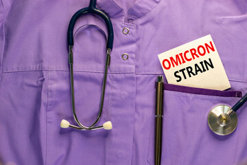 Covid-19 omicron strain variant symbol. Medical uniform, white card with words Omicron strain,...