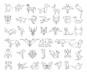 Collection of polygonal linear animals in origami style. - obrazy, fototapety, plakaty