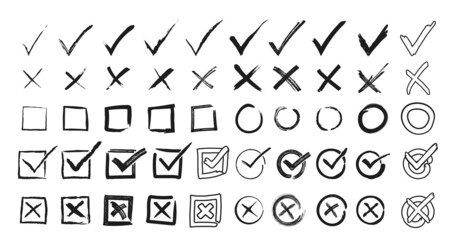 Collection of black and white checkmarks and crosses in hand-drawing style. Texture icons for verification and undo.