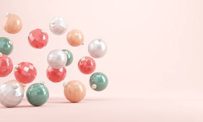 Pastel Christmas balls on pink background. 3d rendering, Christmas party background, Copy space.