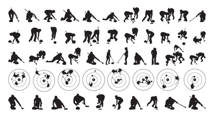 Collection of black silhouettes of curlers isolated on a white background.