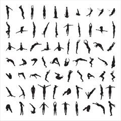 Collection of black silhouettes of diving sport characters isolated on a white background. - obrazy, fototapety, plakaty