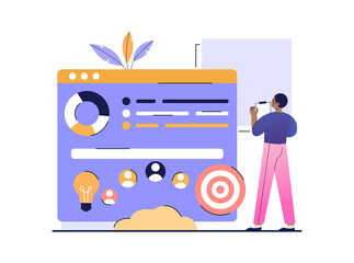Concept of project initiation. Businesswoman pondering idea. Analysis of potential clients, startup. Business, vision and scope, task, schedule, goal, success. Cartoon flat vector illustration