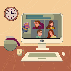 Workplace Desktop background. table, laptop, folder, documents, clock, coffee. Computer with group of people doing video conference. Online meeting via group call.