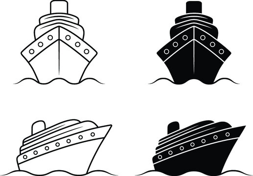 Cruise Ship Front and Angled Clipart Set - Outline and Silhouette