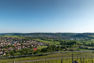 View from the vineyard to the town Gerlachsheim in the valley from the river Tauber in Germany.