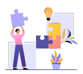 Concept of business solution. Girl collects puzzles with each other. Employee carrying out project. Coworking, teamwork. Innovation, character realizes idea, insight. Cartoon flat vector illustration