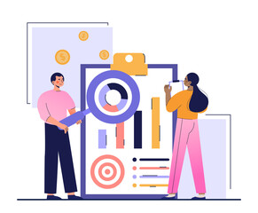 Fototapeta na wymiar Concept of business strategy. Man and girl exploring market. Character looks at charts through magnifying glass. Assessment of interests of your audience, business. Cartoon flat vector illustration