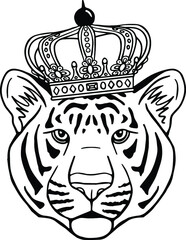 Tiger with Crown Clipart Set - Outline Cartoon