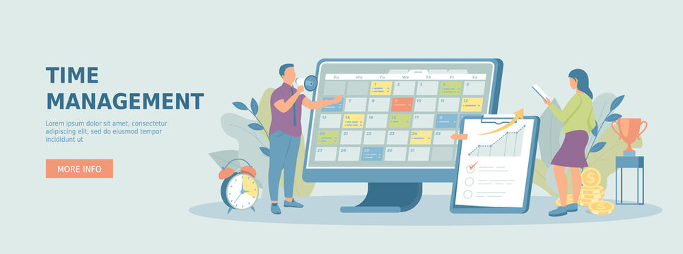 Time management, targets, business checklist. Man and woman planning tasks on schedule. Promotional web banner. Cartoon flat vector illustration with people characters.