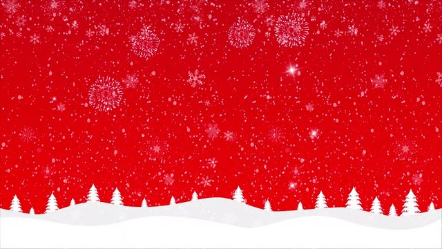 animation snowfall and snowflakes on red background with fireworks. Merry Christmas and happy New Year Motion design