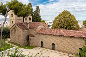 Obraz premium Monastery of San Miguel, in Poble Espanyol, Spanish Village in Barcelona, Catalonia, Spain.
