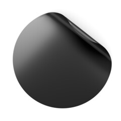 Black round adhesive sticker with curved corner. 3D rendering.