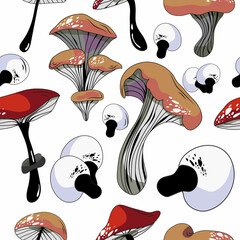 Mushroom seamless pattern. Porcini mushrooms, chanterelles, champignons, fly agarics. A set of ingredients for a witch's potion. Cartoon style. Design for textiles.