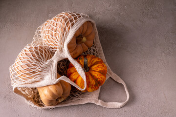 ripe orange and beige pumpkin lies in a net made of eco-friendly material on a light background