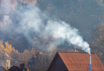 smoke from the chimneys of the houses over the village
