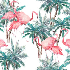 Tropical seamless pattern with flamingo and leaves. Watercolor summer print. Exotic hand drawn illustration