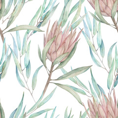 Watercolor seamless pattern. Floral print with eucalyptus branches, protea and golden shapes. Hand drawn illustration