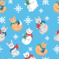 Seamless pattern of cute cartoon cat, bunny, squirrel, wolf, fox and polar bear with Christmas gifts surrounded by snowflakes. Friendly animals with Christmas presents in flat style.