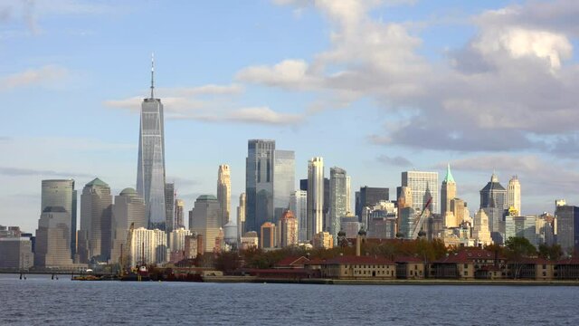 Parallax motion video New York NYC Manhattan with Ellis Island in foreground