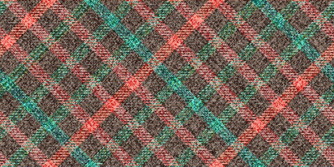 tweed fabric texture warm colors diagonal checkered orange and turquoise stripes on brown traditional gingham repeatable ornament for ragged old grungy plaid tablecloths tartan clothes dresses - obrazy, fototapety, plakaty