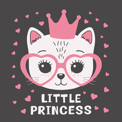 Cute cat face with pink crown, heart glasses. Little Princess slogan