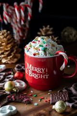 A mug of hot chocolate with whip cream and sprinkles and a candy cane.