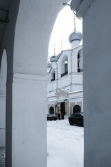 Bell tower in the snow winter Rostov