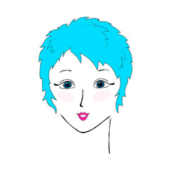 Illustration of a girl's face with blue hair, short haircut. Stylish graphic portrait of Fashion, style, beauty.