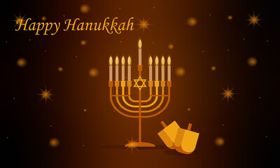 Fototapeta na wymiar Hanukkah holiday banner design with menorah and traditional spinners. Jewish holiday golden Hanukkiah with 9 burning candles . 