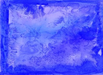 Blue watercolor background. Transparent lines and spots. Paint leaks and ombre effects. Abstract hand-painted image.