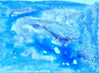 Blue watercolor background. Transparent lines and spots. Paint leaks and ombre effects. Abstract hand-painted image.