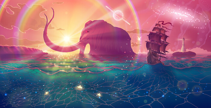Magical summer sunset landscape drawing with deep blue sea and ship, sun light with rocks, pink sky with planets, seascape art with green water, fantasy ocean illustration.