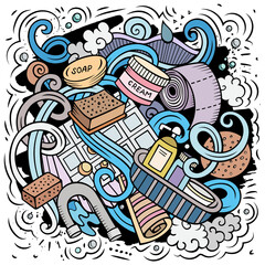 Bathroom hand drawn vector doodles illustration. Bath room poster design.