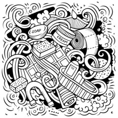 Bathroom hand drawn vector doodles illustration. Bath room design.