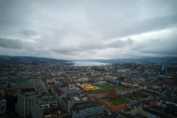 Fototapeta na wymiar Aerial view of City of Zürich on a cloudy grey autumn day. Photo taken November 28th, 2021, Zurich, Switzerland.