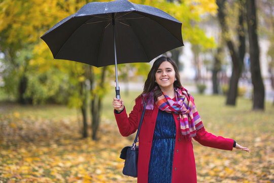 Young beautiful girl in a red coat stands with a large umbrella in an autumn park among yellow leaves