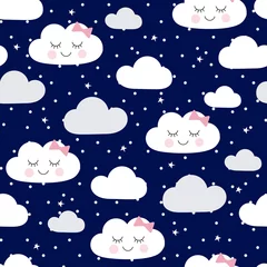 Foto op Canvas Seamless pattern cute baby shower with faces clouds on blue © Helen