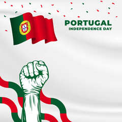 Square Banner illustration of Portugal independence day celebration with text space. Waving flag and hands clenched. Vector illustration.