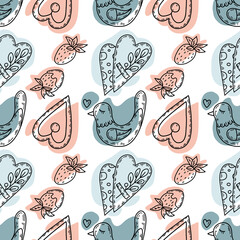 vector pattern for design and decoration of textiles, covers and packaging. spring motives. Enamored birds. Hearts for Valentine's Day.