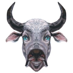 Ilustración digital de cabeza de buey o búfalo sobre fondo blanco. Trazos de acuarela. Animales del Horóscopo chino